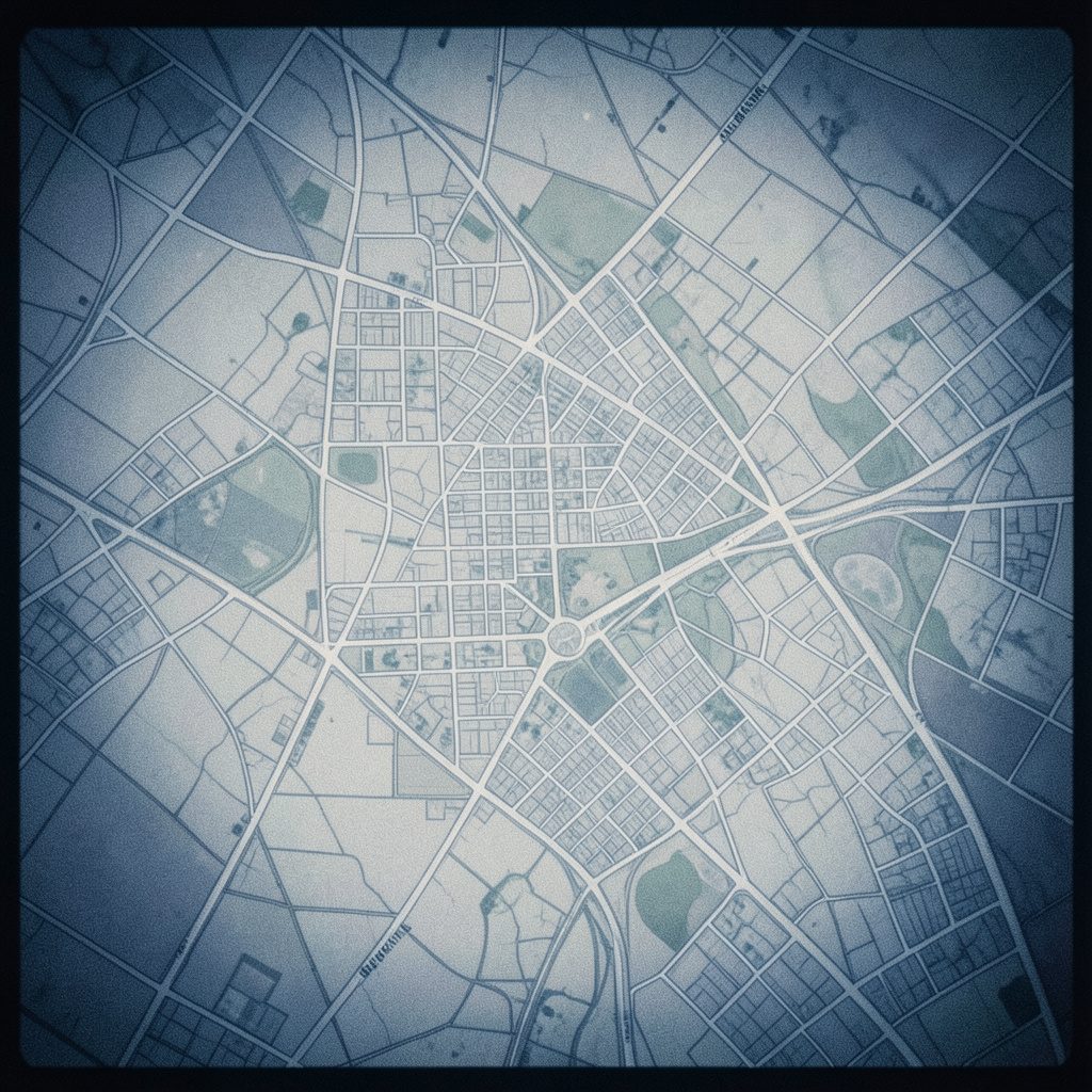 Analog film photograph of a square city map tile in muted tones with a grainy film texture
