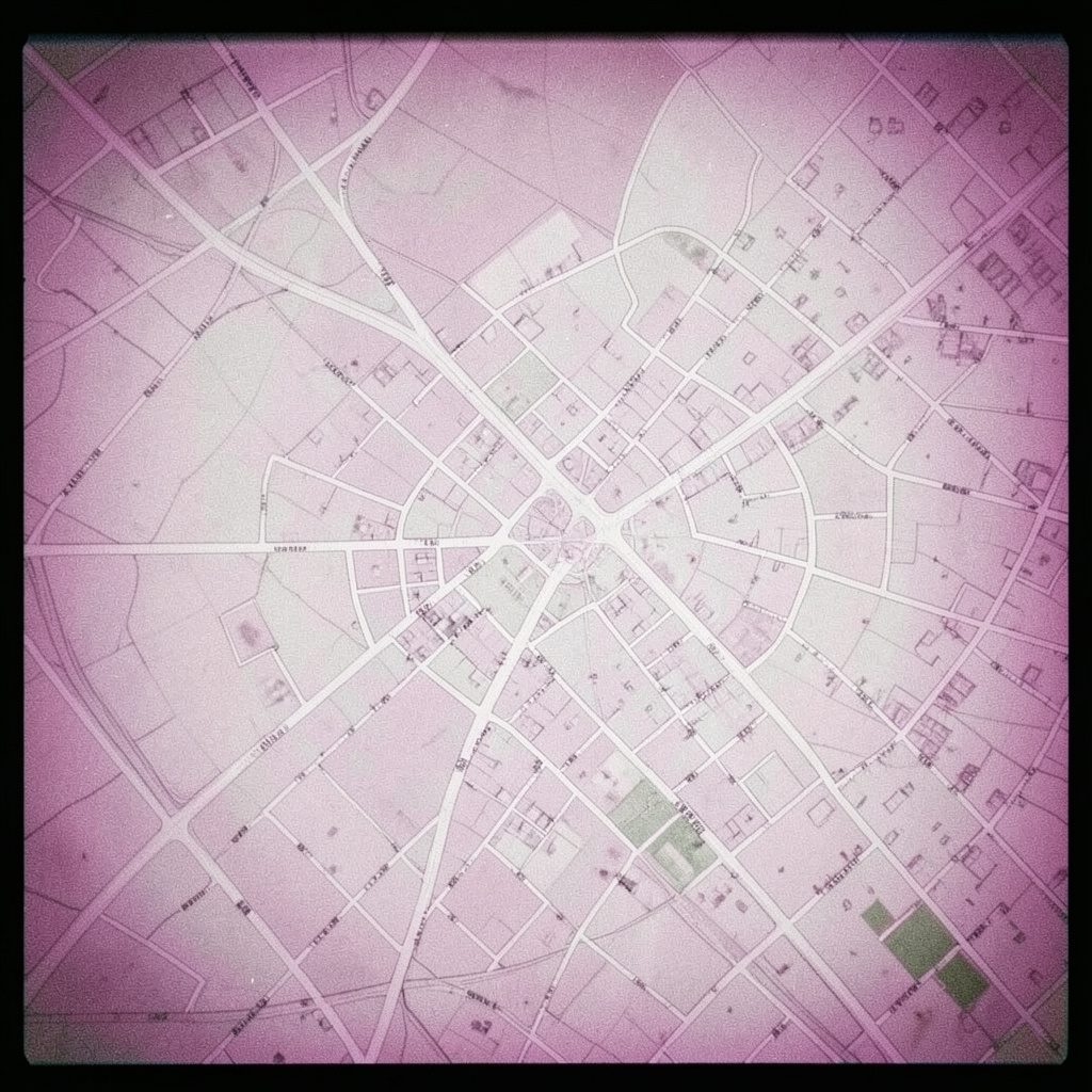 A muted, soft-focus illustration of a city map layout in pale blue and warm beige tones with thin dark lines, showing the historic street grid of a compact European old town.